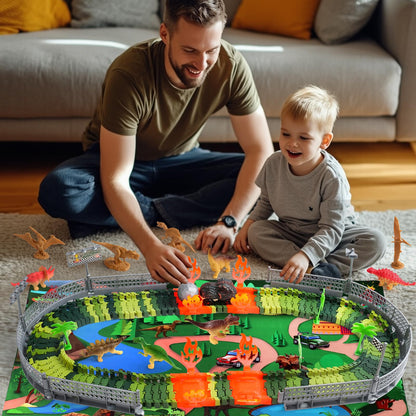 Dinosaur toy for ages 3 and up - race track for kids with 10 mini dinosaur figures, 1 car, and race track. Perfect gift for boys and girls ages 3-7.
