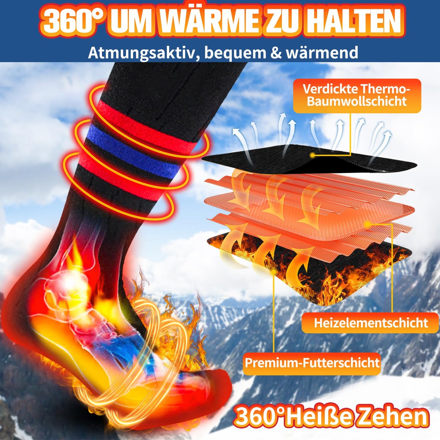 Heated socks, BIBURY Rechargeable Heated Socks for Men Women, Foot Warmers Heated Socks 3 Adjustable Temperature, 5000mAh Battery Electric Foot Warmer Warm Socks for Skiing Outdoor Hiking Riding.