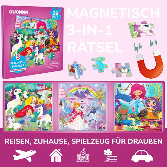 QUOKKA Magnetic Game for 2-3 years old - 36-piece puzzle activity for toddlers on planes - Princess Unicorn travel games for kids aged 3-5 - educational magnet gift for road trips.