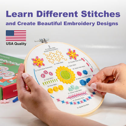 Azenera Embroidery Kit for Beginners - Complete set with video instructions, 4 patterned fabrics, threads, bamboo hoop & tools - Easy way to learn Embroidery (AZA100)