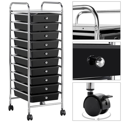 Yaheetech bathroom cart with 10 stackable drawers and metal frame. Bathroom trolley with shelves, 32×36.5×90.5 cm black.