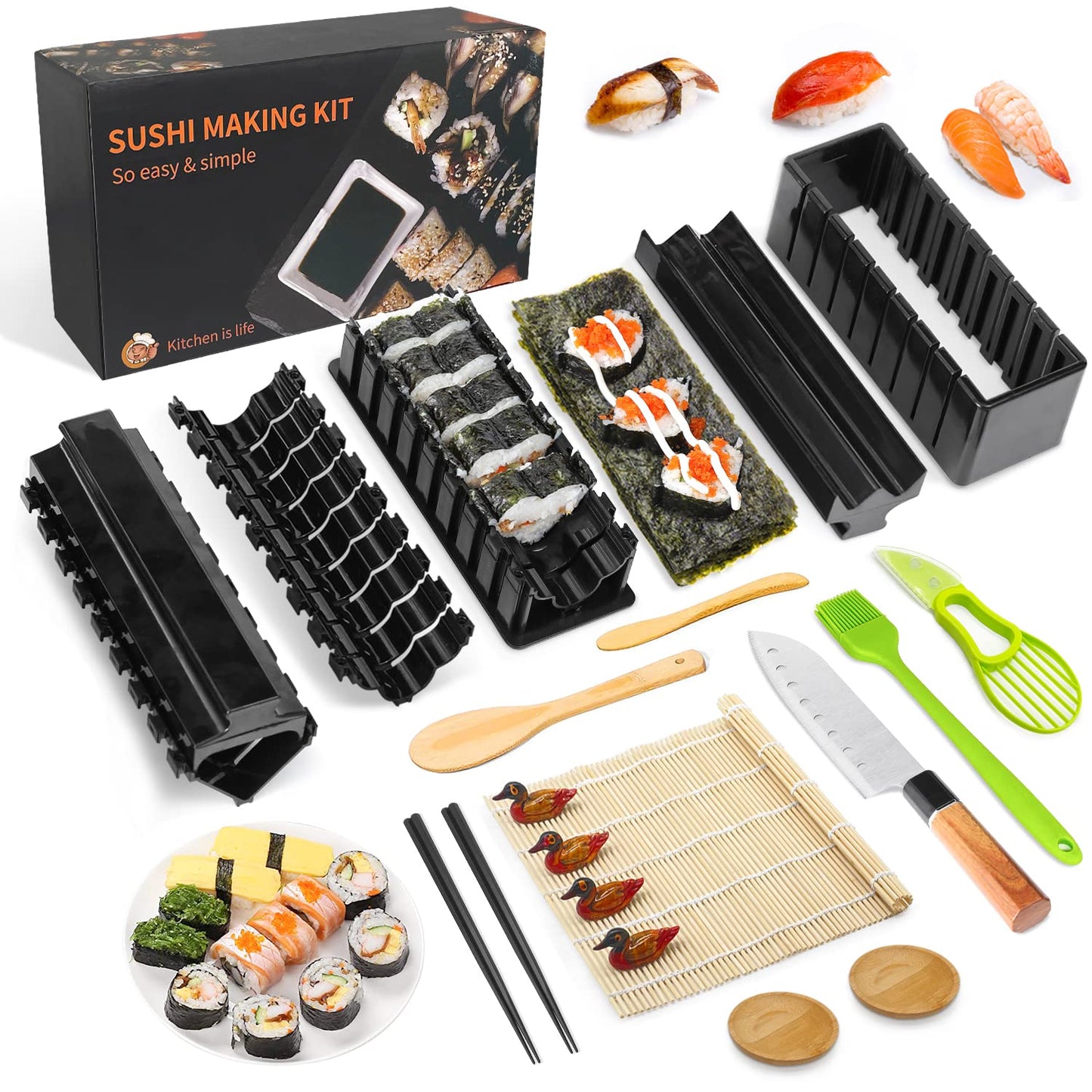 MLRYH Sushi Making Kit Sushi Maker Set for Beginners Plastic Premium Set Sushi Tool Set Sushi Rice Roll Mold Forms DIY Sushi Prefect Home Sushi Tool (21 Pieces)