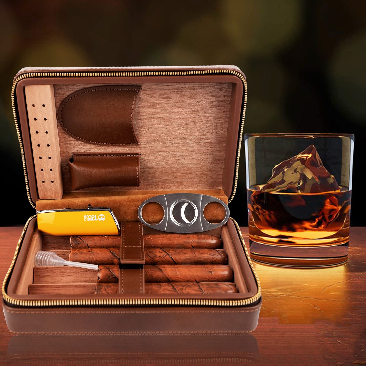 Time C Club 4-Finger Woven Pattern Portable Travel Leather Cigar Case, Cigar Cutter, Cigar Humidor with Cutter and Humidor, Groomsmen Gift, Birthday Gift
