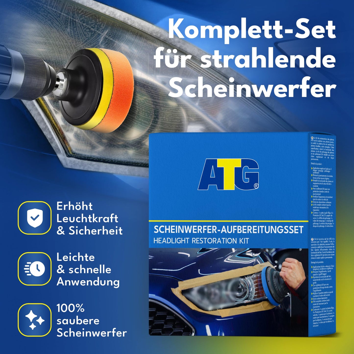 ATG® Headlight Restoration Kit - Universal Car Headlight Polishing Set for dull & hazy headlights - Easy Headlight Restoration - Headlight Repair Kit including microfiber cloths