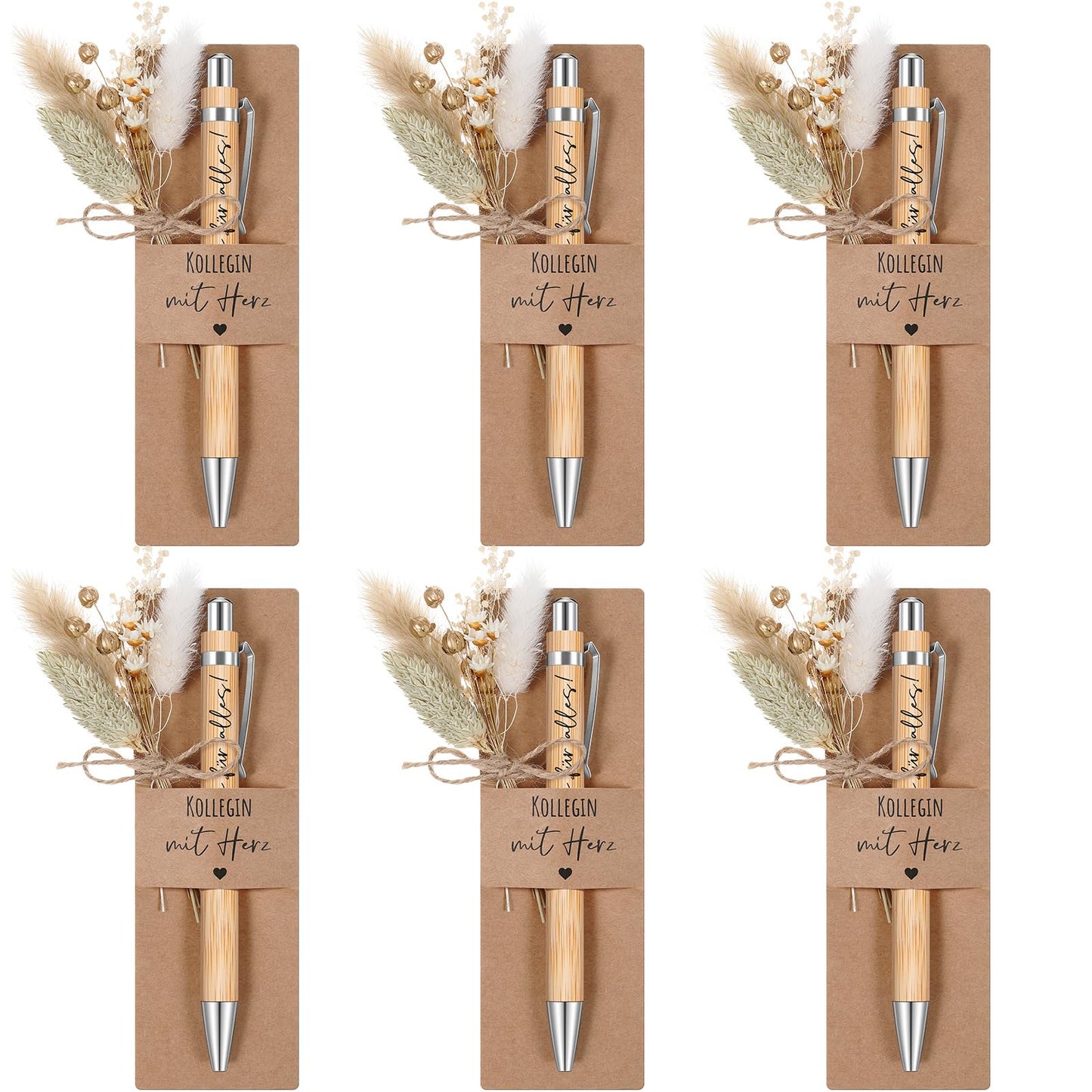 Hestya 6 Sets of Colleague with Heart Gifts Include 6 Engraved Wooden Pens, 6 Real Dried Flower Bouquets, 6 Paper Pen Holders for Farewell Gifts for Teacher, Colleagues, Friends.