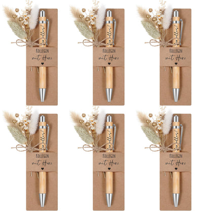 Hestya 6 Sets of Colleague with Heart Gifts Include 6 Engraved Wooden Pens, 6 Real Dried Flower Bouquets, 6 Paper Pen Holders for Farewell Gifts for Teacher, Colleagues, Friends.