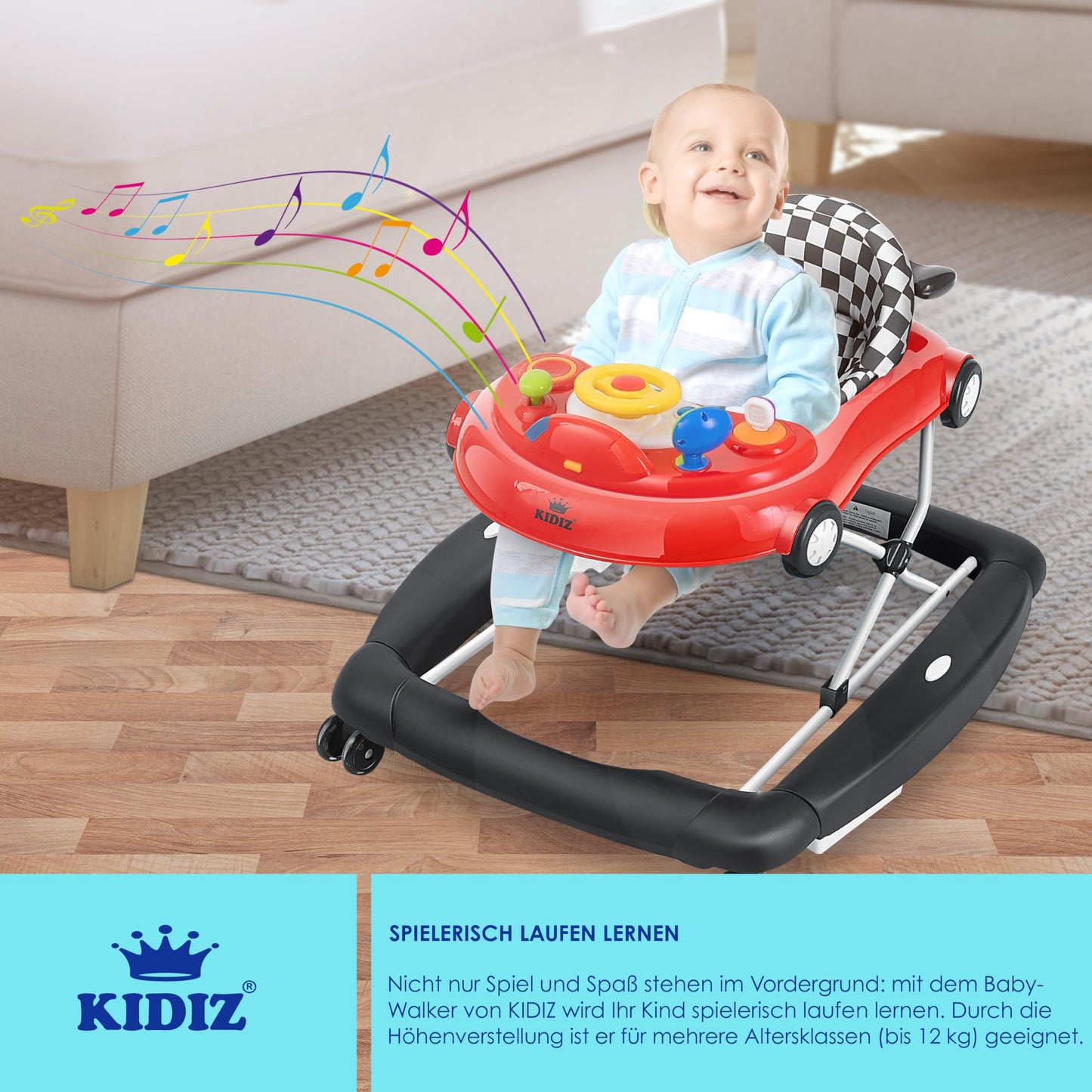 KIDIZ® 4in1 Baby Walker Activity Center - Adjustable Height, Swing Function, Wheels, Lights, Music, Toy Tray, Feeding Tray - Foldable, Suitable for Babies 6 Months and Older.