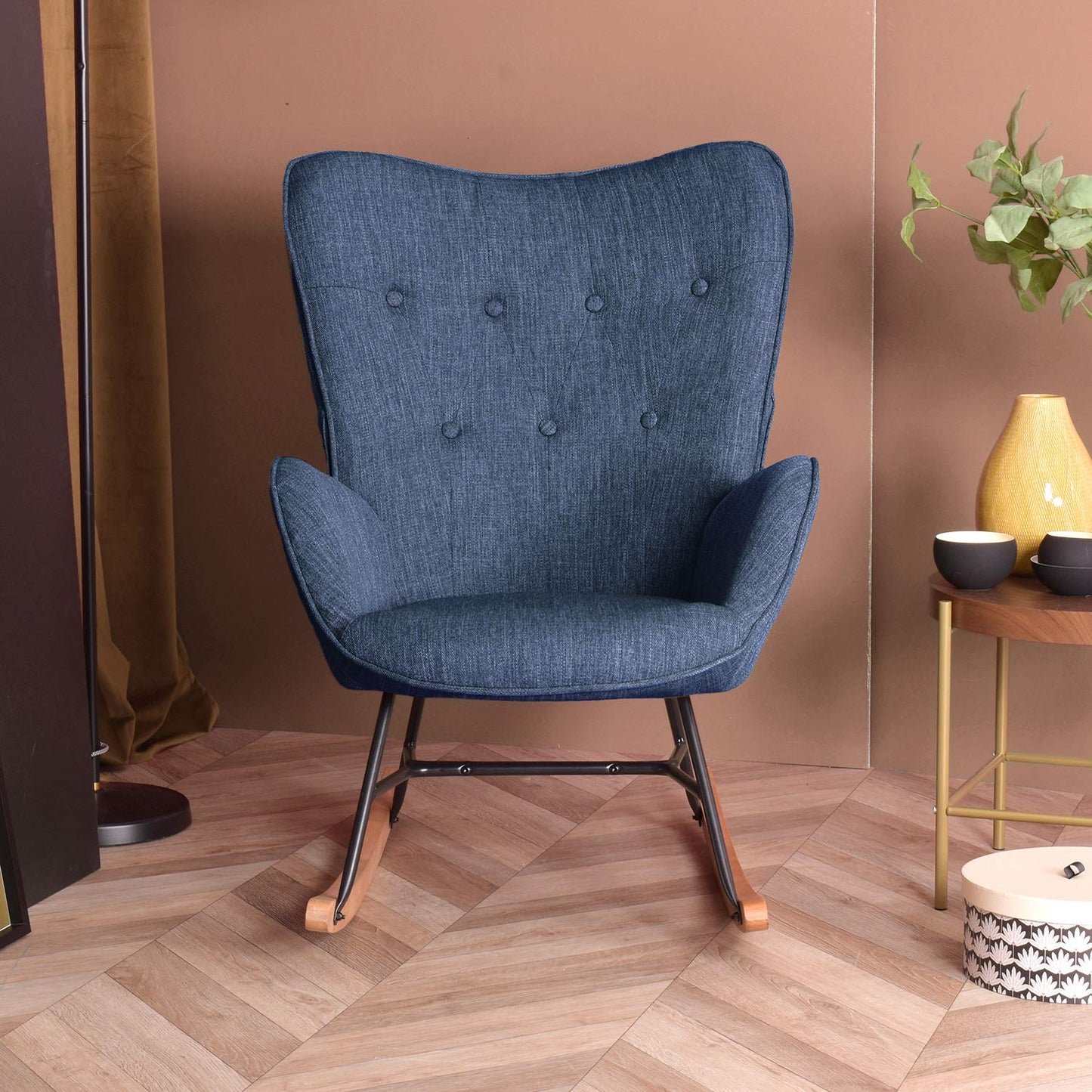 Cosy armchair rocking chair with armrests and padded seat for living room, bedroom, balcony. Supports up to 120 kg. Dark blue fabric and wooden rockers.