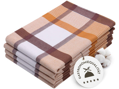 ZOLLNER 4-piece set of cotton kitchen towels in 50x70 cm - absorbent and durable - machine washable up to 60°C - brown checkered design - gastronomy quality - Oeko Tex® certified.