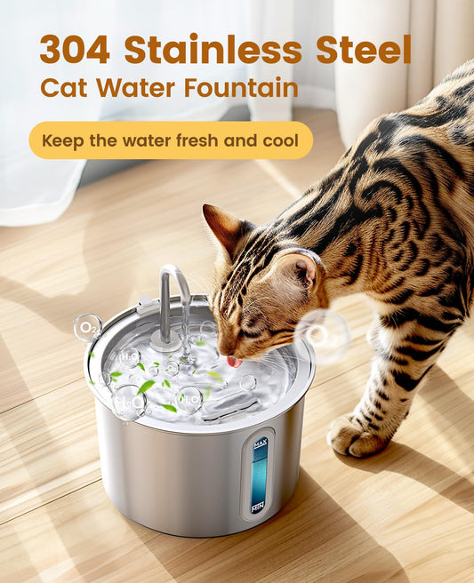 oneisall Cat Fountain Stainless Steel, 2L Drinking Fountain for Cat, Super Quiet Cat Drinking Fountain with Water Level Window, Water Fountain for Cat, 3 Activated Carbon Filters, LED Light, Dishwasher Safe