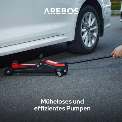 Arebos 2T Hydraulic Trolley Jack - Low-profile jack with lifting range of 85-385 mm - includes 4 rubber pads - jack for car vehicle automotive - sturdy jack & stand for workshop and garage.