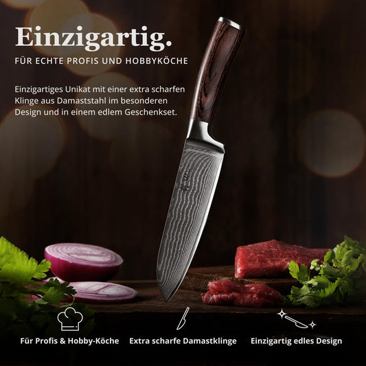 Wakoli EDIB Damascus Santoku Knife, 17cm blade, 67 layers of Damascus steel, VG10 core & Pakka wood handle. Sharp kitchen knife, Damascus knife in gift box for amateur & professional chefs.