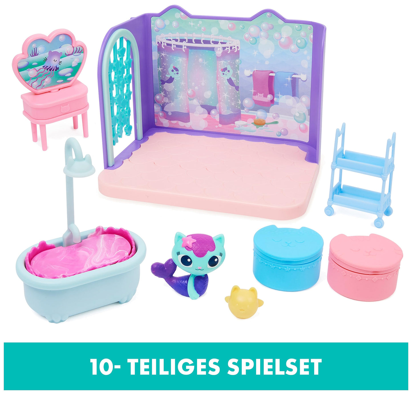 Gabby's Dollhouse Deluxe Room, Primp and Pamper Bathroom, includes MerCat figure and 3 accessories, 3 furniture pieces, and 2 surprise boxes, suitable for children ages 3 and up.
