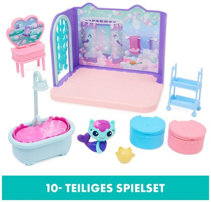 Gabby's Dollhouse Deluxe Room, Primp and Pamper Bathroom, includes MerCat figure and 3 accessories, 3 furniture pieces, and 2 surprise boxes, suitable for children ages 3 and up.