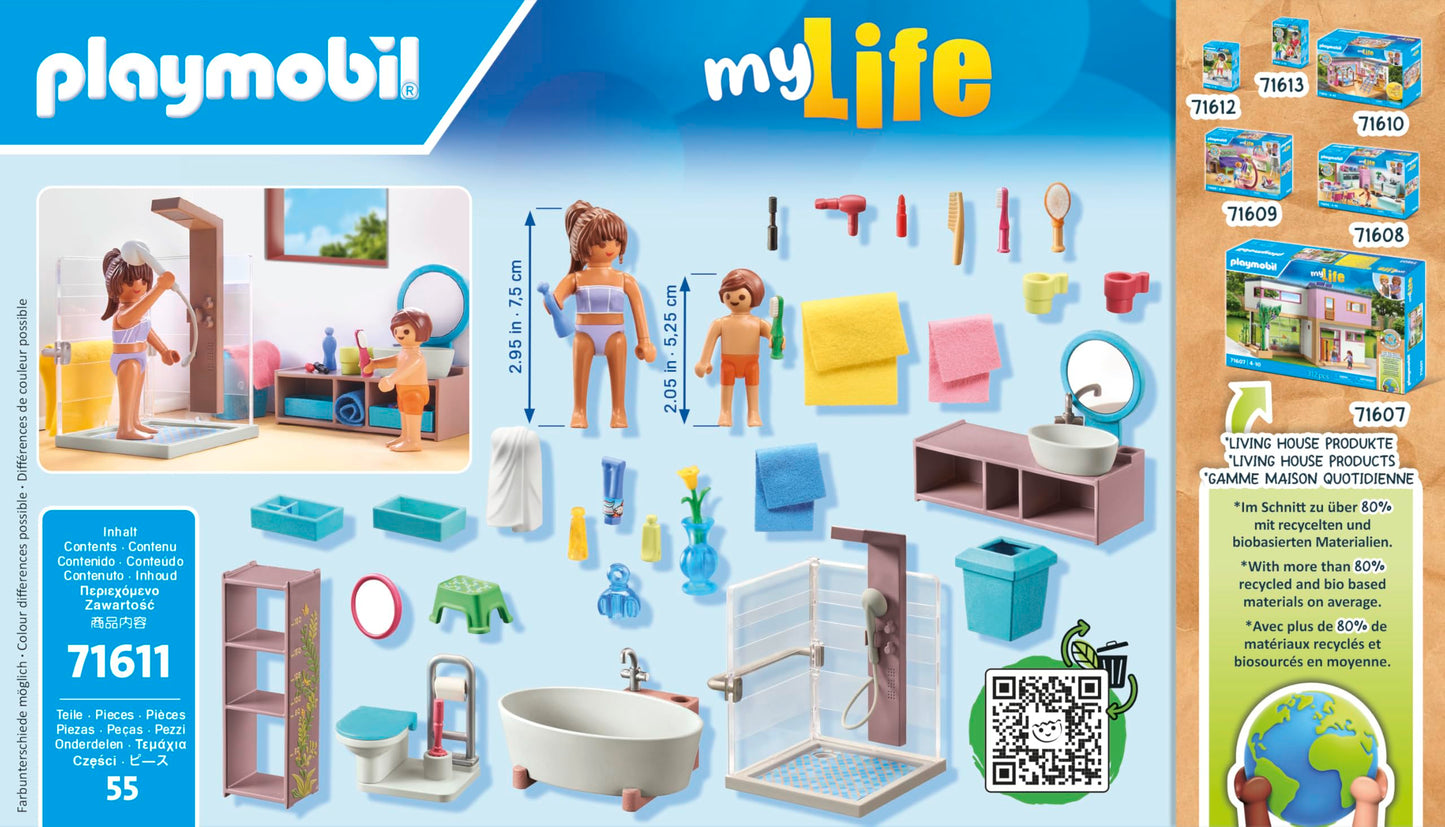 PLAYMOBIL MyLife 71611 Bathroom, including two figures and numerous accessories, made from over 80% recycled and bio-based materials, detailed toy for children ages 4 and up.