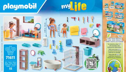 PLAYMOBIL MyLife 71611 Bathroom, including two figures and numerous accessories, made from over 80% recycled and bio-based materials, detailed toy for children ages 4 and up.