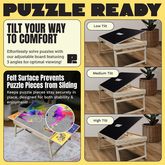 1000 Piece Wooden Puzzle Table - 30" x 24" Folding Puzzle Table with shorter legs, 4 colored drawers, 3 tilt angles & puzzle cover mat - Portable Puzzle Table