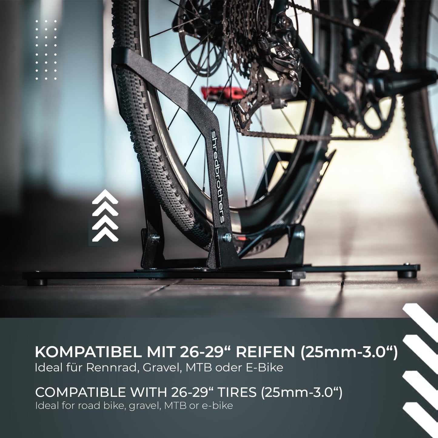 SHREDBROTHERS bike stand for mountain bikes, 26-29 inch E Bikes, MTBs, and road bikes. Suitable for both rear and front wheels. Display and storage stand for exhibitions.