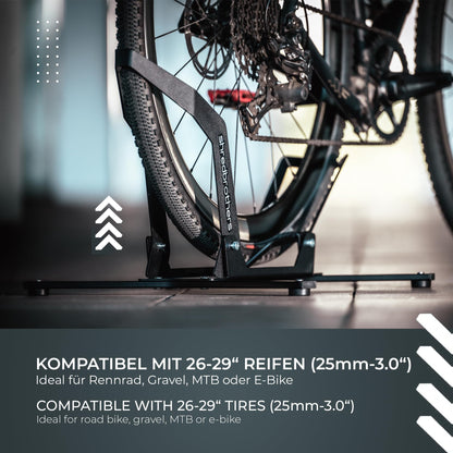 SHREDBROTHERS bike stand for mountain bikes, 26-29 inch E Bikes, MTBs, and road bikes. Suitable for both rear and front wheels. Display and storage stand for exhibitions.