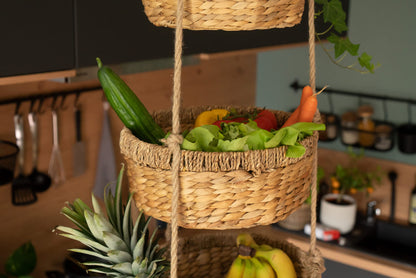 Decorasian hanging fruit basket, Large XXL tiered stand with 3 baskets made of water hyacinth - fruit rack for storing fruit and vegetables - hanging basket