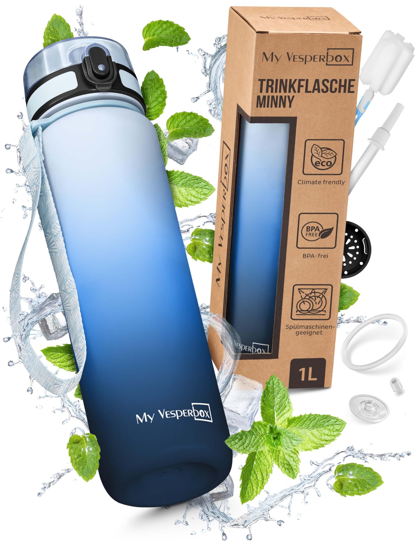 My Vesperbox 1L water bottle - leak-proof & BPA-free - for kids & adults - includes spare seal, cleaning brush, fruit infuser & optional straw - perfect for school, office, sports & leisure.
