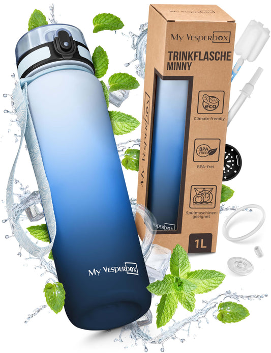 My Vesperbox 1L water bottle - leak-proof & BPA-free - for kids & adults - includes spare seal, cleaning brush, fruit infuser & optional straw - perfect for school, office, sports & leisure.