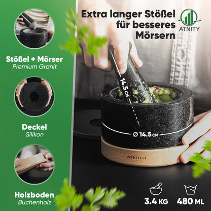 ATNITY Granite Mortar and Pestle Ø 14.5cm - Stone mortar with extra long pestle - Mortar on elegant and stable beech wood base with silicone cover and cleaning brush included in set.