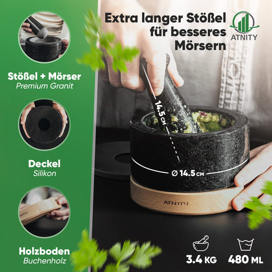 ATNITY Granite Mortar and Pestle Ø 14.5cm - Stone mortar with extra long pestle - Mortar on elegant and stable beech wood base with silicone cover and cleaning brush included in set.