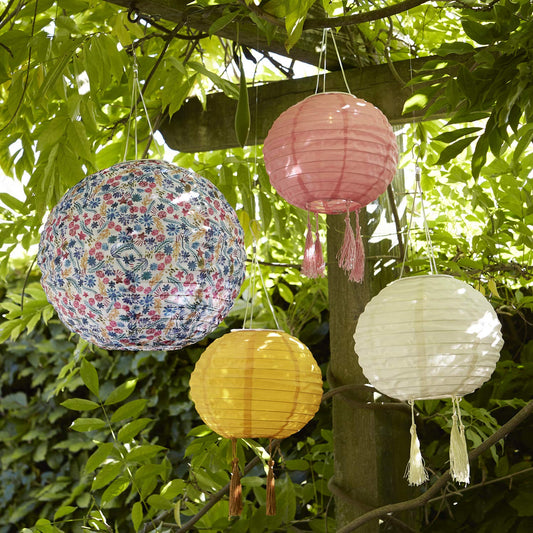 Lights4fun 1x 3 pack Lucena Solar Lantern Cream, Yellow & Pink - LED solar lamp hanging lanterns garden, balcony & terrace - decorative garden light summer party, weatherproof lighting IP44 20cm diameter
