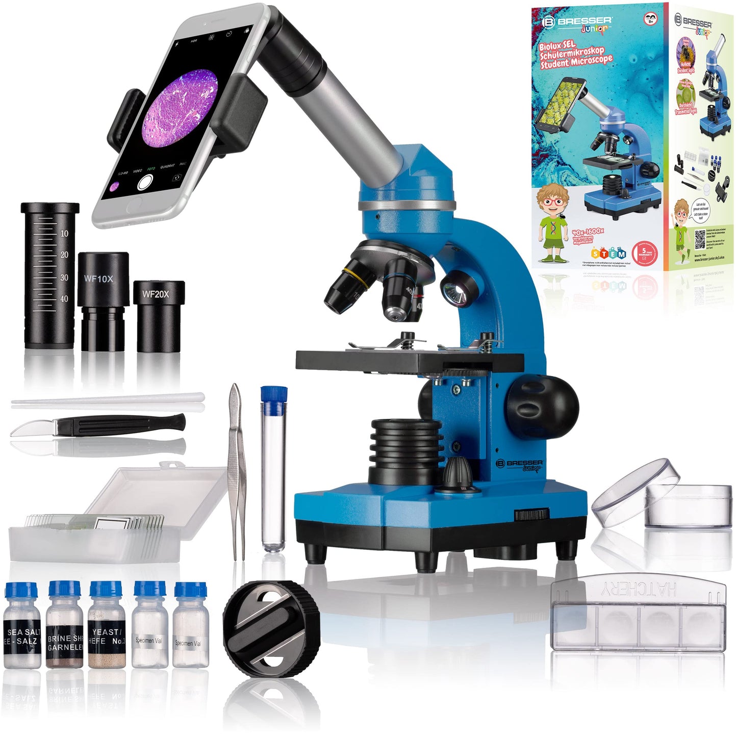 Bresser Junior student microscope BIOLUX SEL with smartphone holder, extensive accessories, and Barlow zoom system for children, beginners, and adults, blue.