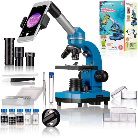 Bresser Junior student microscope BIOLUX SEL with smartphone holder, extensive accessories, and Barlow zoom system for children, beginners, and adults, blue.