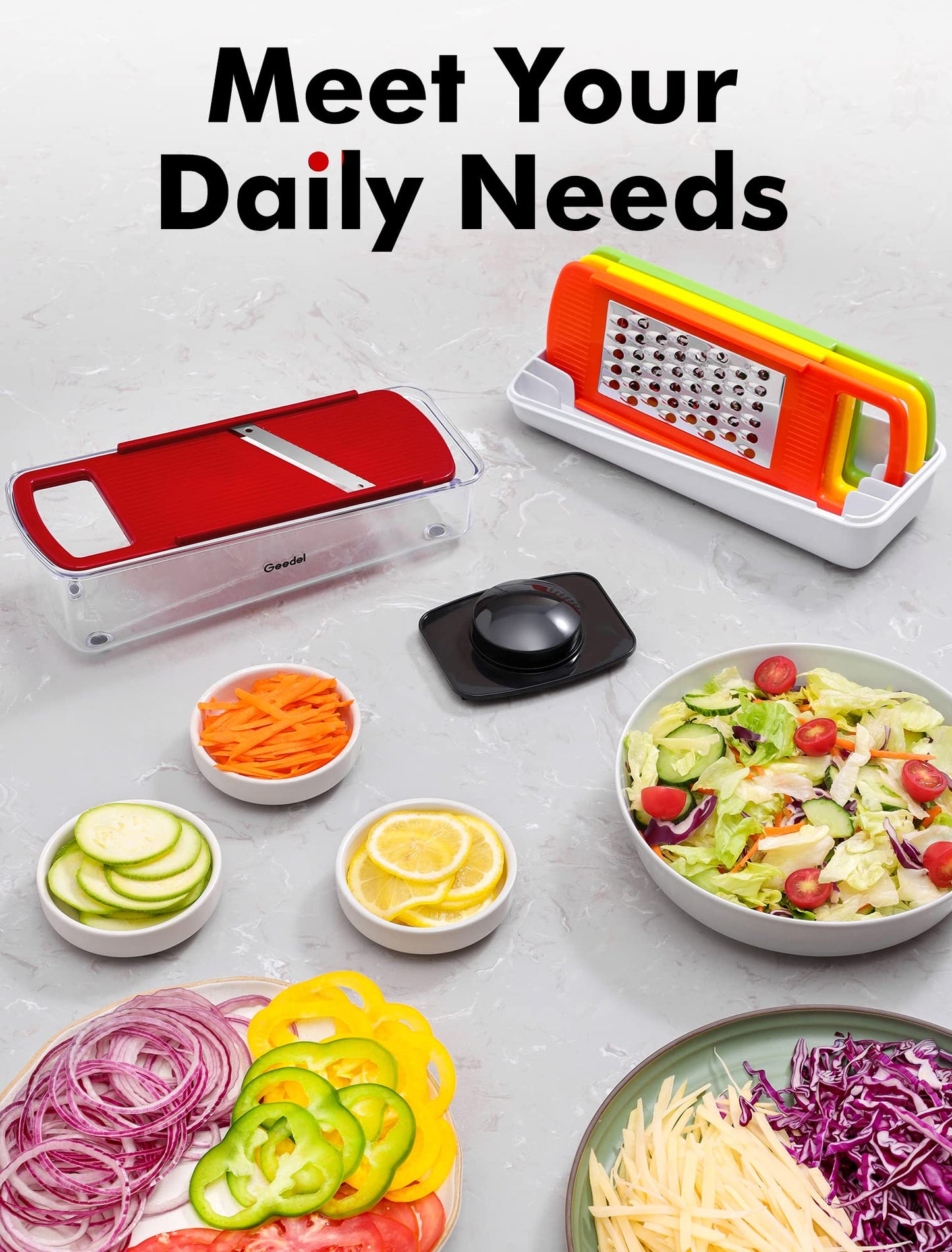 Geedel 4 in 1 Multifunction Mandoline Vegetable Slicer, Onion Cutter, Vegetable Chopper Manual Cheese Grater, Julienne Cutter Cucumber Slicer, Vegetable Grater Apple Grater Potato Slicer (Red)