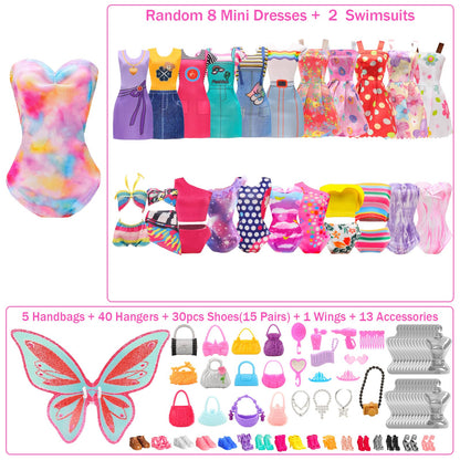 Miunana 110+ clothing for dolls Doll clothing Fashion dresses Tops Blouse Pants Evening dresses Swimsuits Mini dresses Shoes Hangers Handbag Wings Accessories for 11.5 inch girl dolls