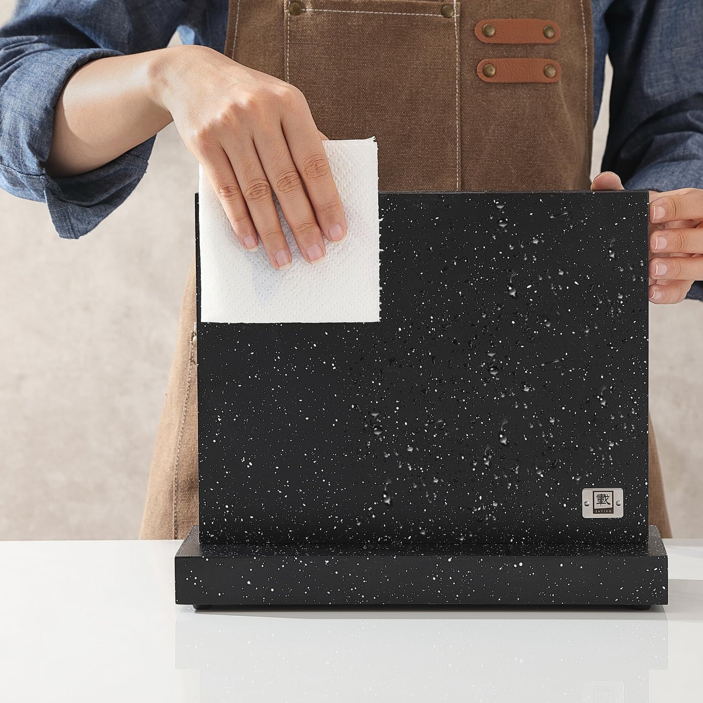 Zayiko Magnetic Knife Block without Knives - Wood in Marble Look - Kitchen Organizer with Dual Magnetic Strips with Non-Slip Feet - for up to 12 Knives - Magnetic Knife Holder without Knives