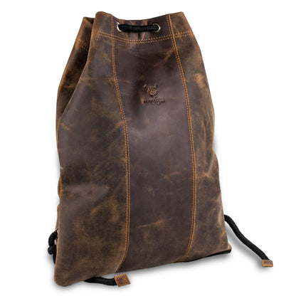 MATADOR sports bag backpack festival bag women's leather #SPARTA, elegant travel bag for men or gym bag for women, genuine leather drawstring backpack, small sports bag in brown Hunter.