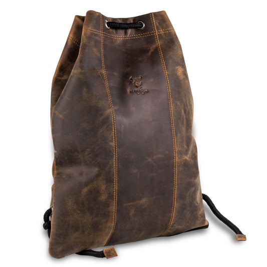 MATADOR sports bag backpack festival bag women's leather #SPARTA, elegant travel bag for men or gym bag for women, genuine leather drawstring backpack, small sports bag in brown Hunter.