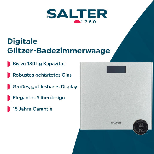 Salter 9037 SVGL3R bathroom scale with glitter, digital personal scale, tempered glass platform, easily readable, instant weight measurement, glass scale, 180kg capacity, body scale, Silver.