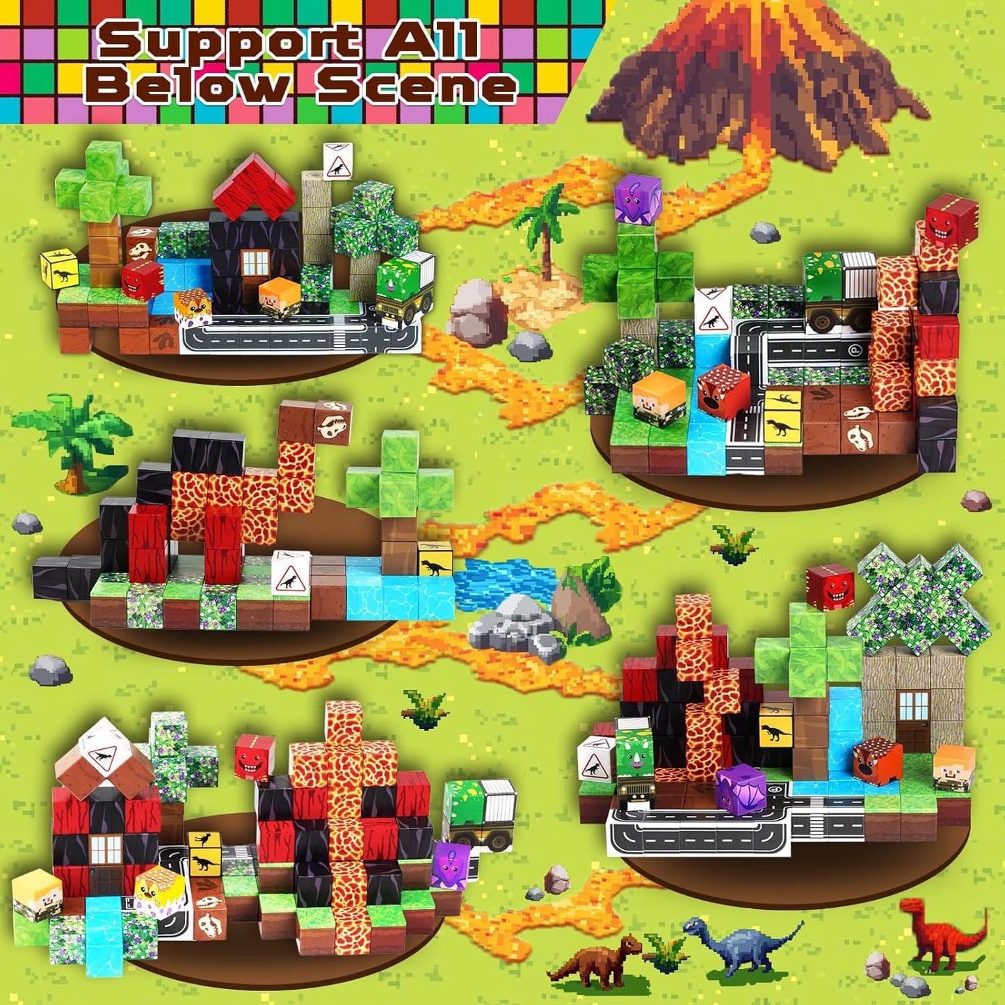 Magnetic building blocks, 100 pieces magnetic building blocks for kids - creative 3D toy with dinosaurs, volcano & natural landscape | Toys for boys aged 5 6 7 8 9 years Building toys for boys aged 3+ years