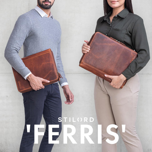 STILORD 'Ferris' Vintage Leather Document Folder - Perfect for work, office & meetings - Conference Folder XL for 13.3 inch MacBook, Color: Kara - Cognac
