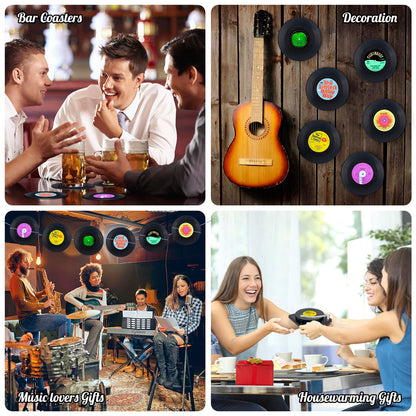 Valdivia retro vinyl record coasters with holder, set of 6 coasters for drinks, bars, parties, office, cafes, tea, cool home decor, and unique housewarming gifts.
