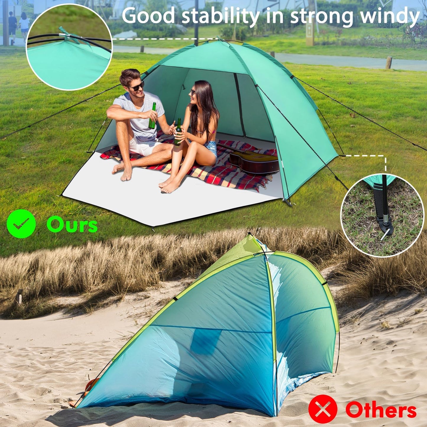 Beach tent, UV protection 50+ Family tent XXL Beach tent Front and back door with zipper Privacy screen Ventilation Wind protection Sun protection Beach shelter Small pack size for beach, garden
