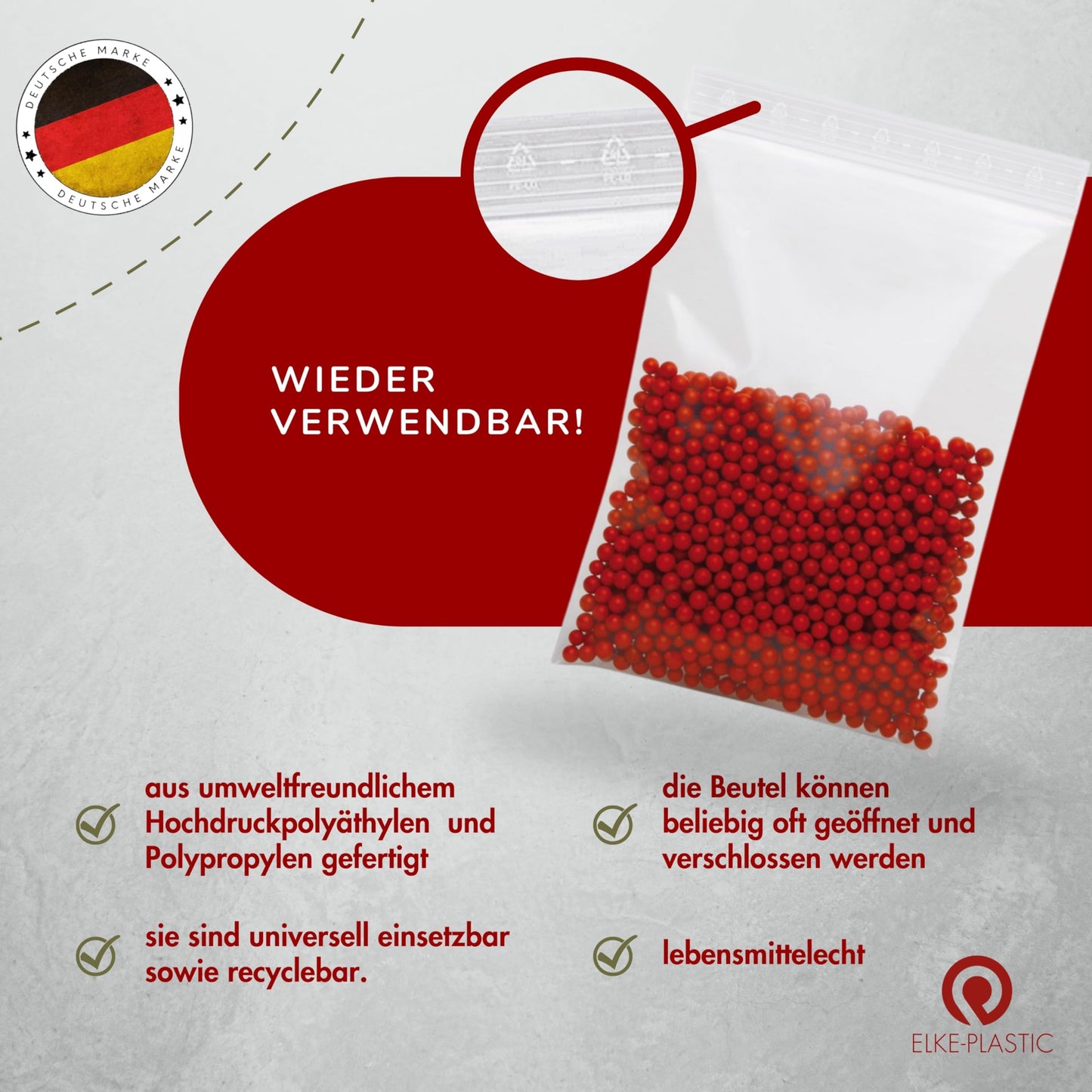 Elke-Plastic resealable bags 50 μm 180×250 mm – 1000 pieces – Plastic bags for food, reusable bags – high-quality bags for storage, organization, and packaging.