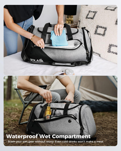 Tolaccea 47L Large Sports Bag Backpack with Shoe Compartment Wet Compartment Weekender Duffel Bag Gym Training Bag for Men Women Gym, Travel, Swimming, Sauna, Soccer (Gray)