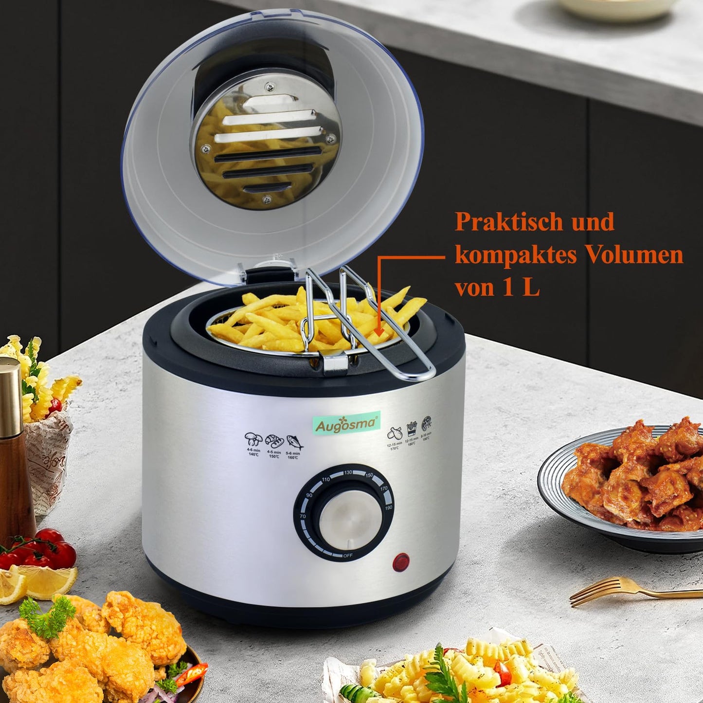 Augosma Mini Deep Fryer With Oil | 850-950W | Capacity: 1 liter | Viewing window | Stainless steel frying basket | Adjustable temperature | Heat insulated | Non-slip rubber feet | White