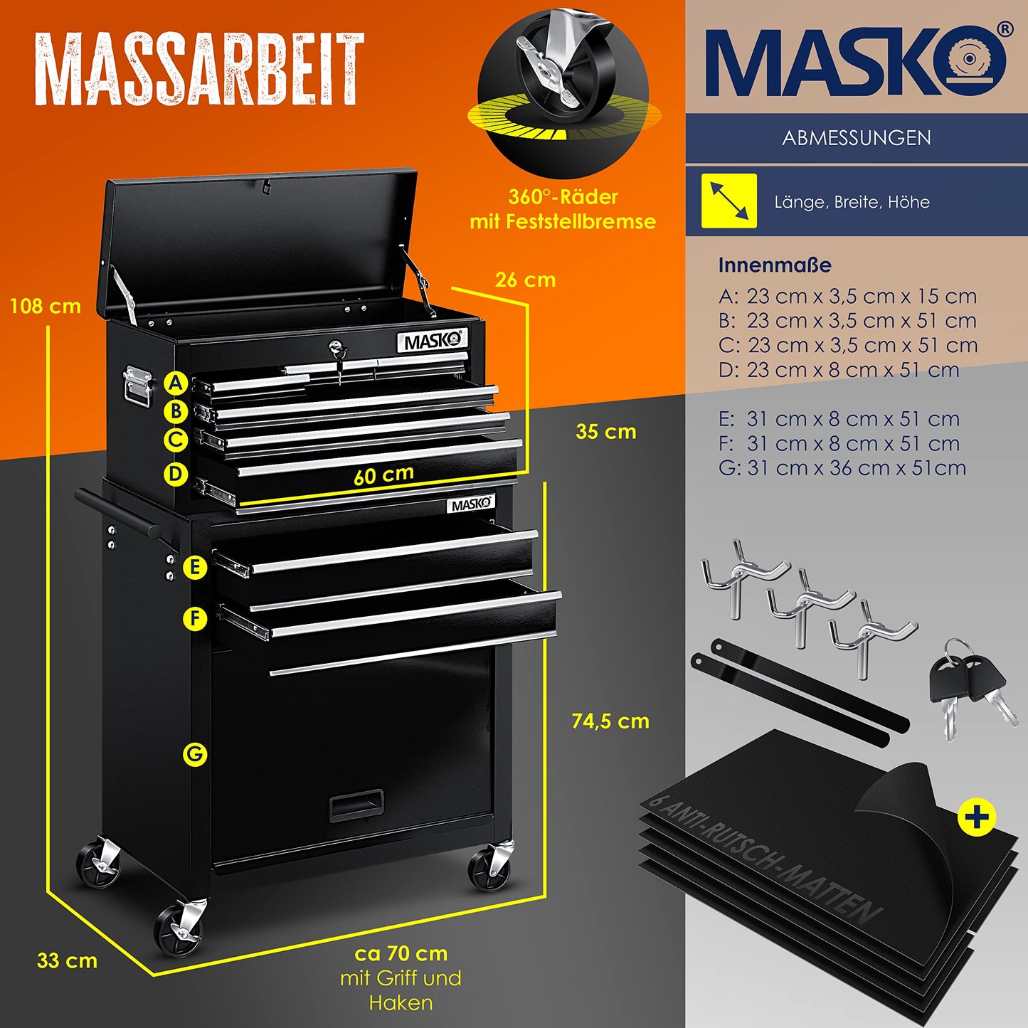 MASKO® workshop cart with toolbox - 9 compartments lockable | Solid metal | Mobile tool cart without tools | Professional | Tool storage trolley with lock | Black