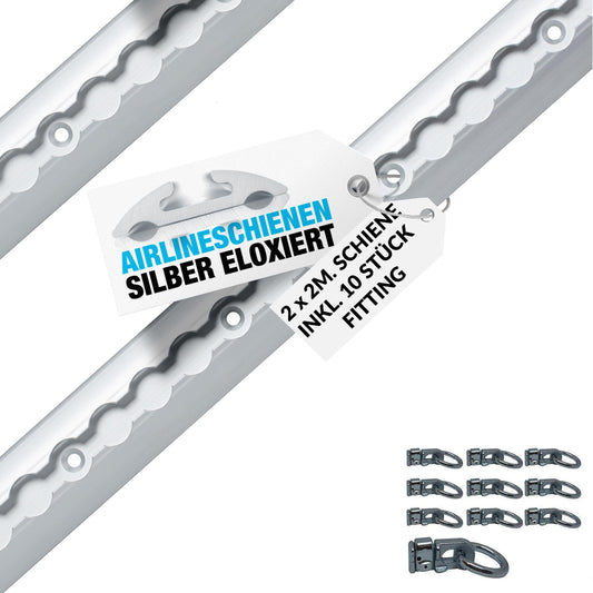 2 pieces of 2m half-round aluminum airline rail with holes - bundle incl. 10 double fittings | Load securing for trucks, trailers, motorhomes | anodized | 1975mm