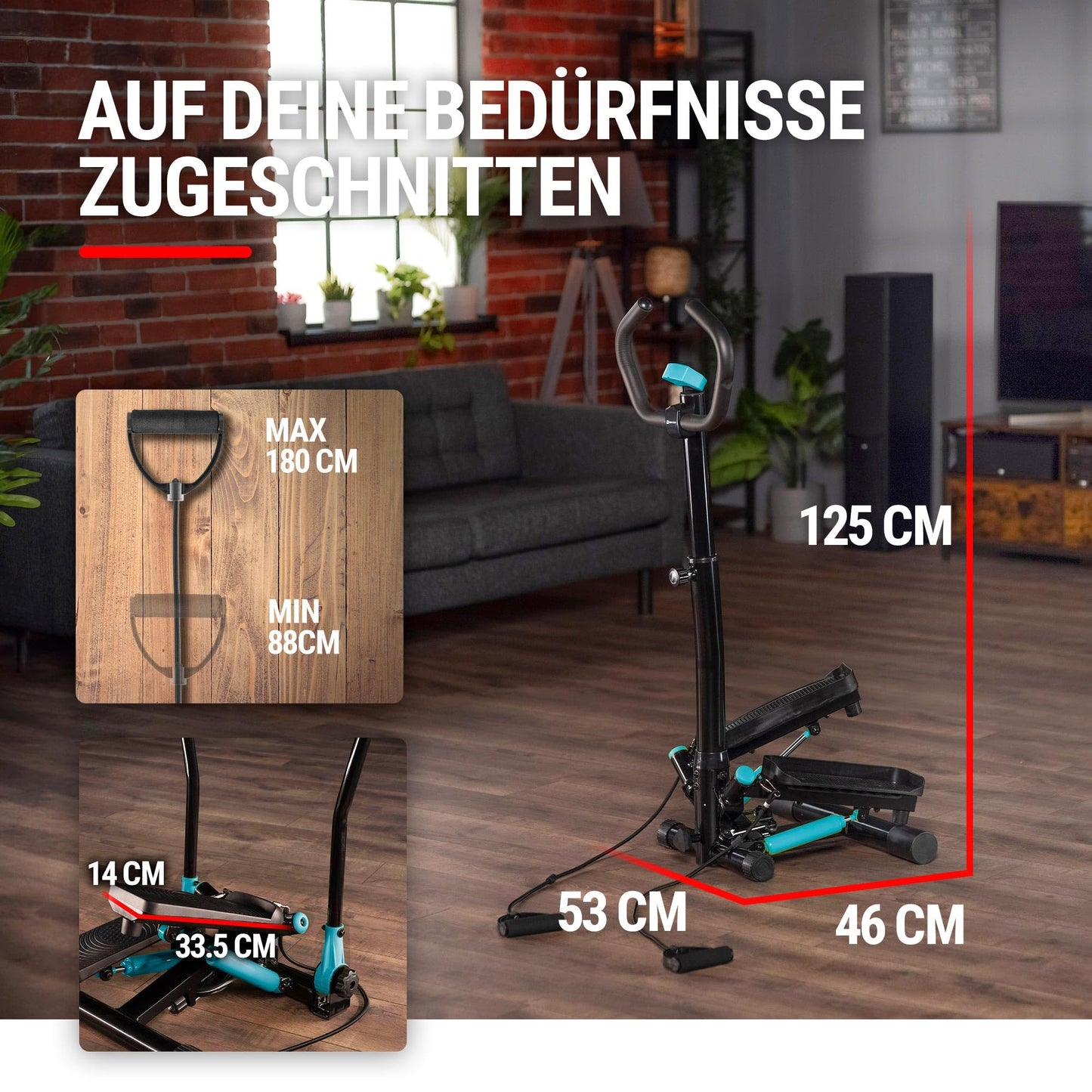 Hop-Sport stepper noble blue with handlebar, training computer & expanders for home, stable & compact, ideal for fitness & cardio workouts, max. user weight 100 kg.