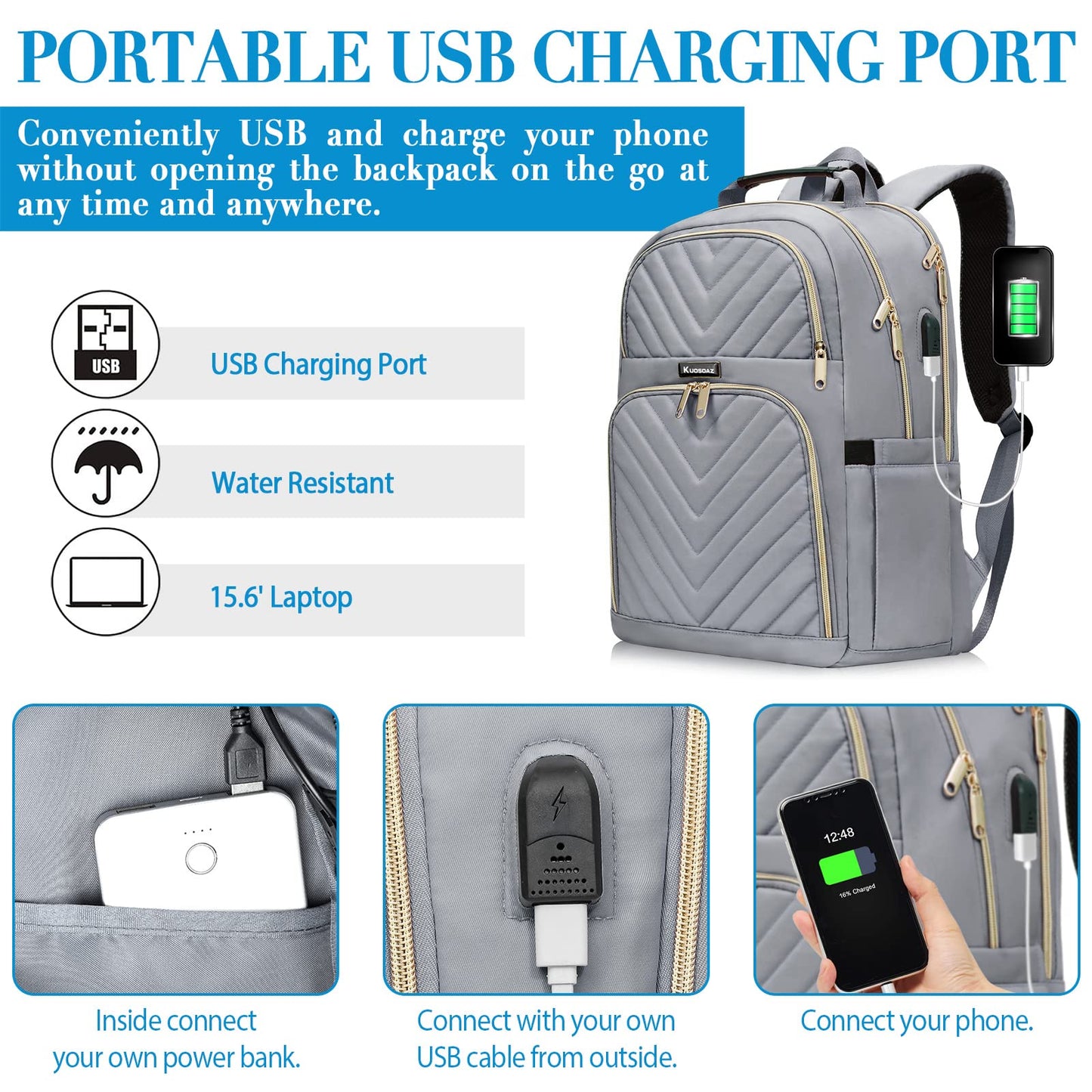 Kuosdaz Backpack Women 15.6 Inch, School Backpack Girls Teenager, with USB Charging Port for Laptop Work Waterproof Backpack, University, Travel, Business, Everyday, Women, School, Gray