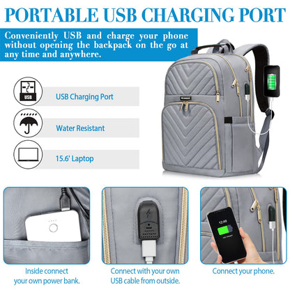 Kuosdaz Backpack Women 15.6 Inch, School Backpack Girls Teenager, with USB Charging Port for Laptop Work Waterproof Backpack, University, Travel, Business, Everyday, Women, School, Gray