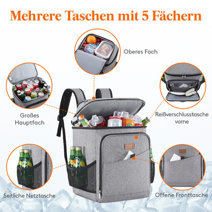 Lifewit 32L, 34 cans, insulated cooler bag, large cooler backpack, leakproof portable lunch bag, soft cooler for outdoor, picnic, beach, BBQ, camping, travel, family, gray.